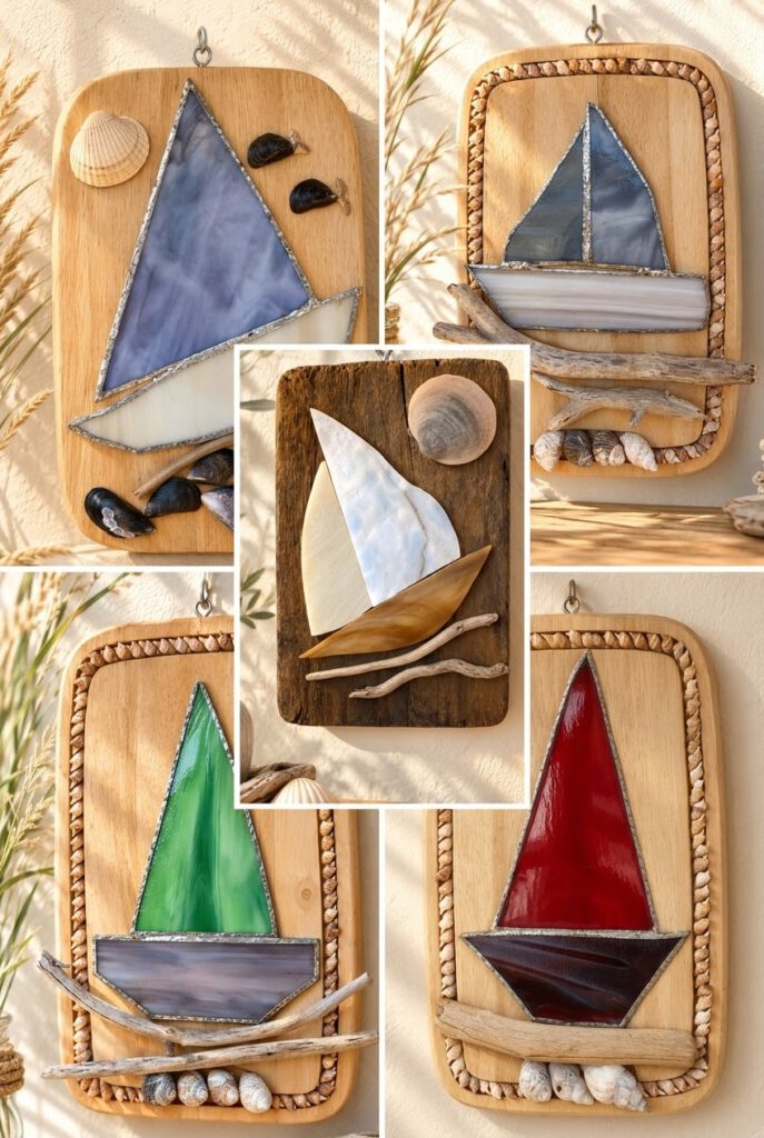 Verschiedene maritime Wandbilder mit Segelbooten aus Tiffanyglas auf Holz, verziert mit Muscheln und Treibholz